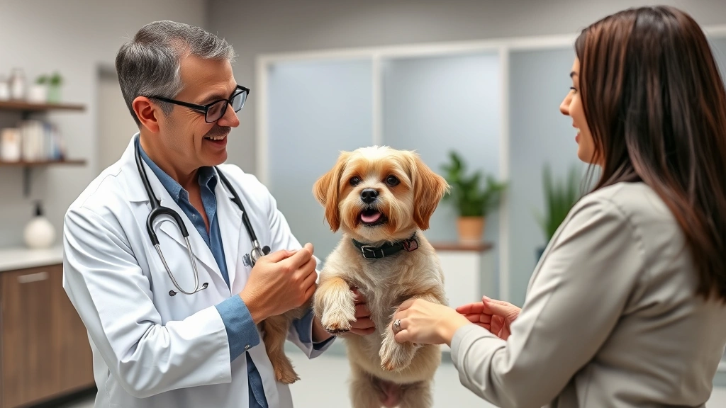 Veterinarian in white coat holding a small dog while discussing nutrition with concerned pet owner in modern clinic setting