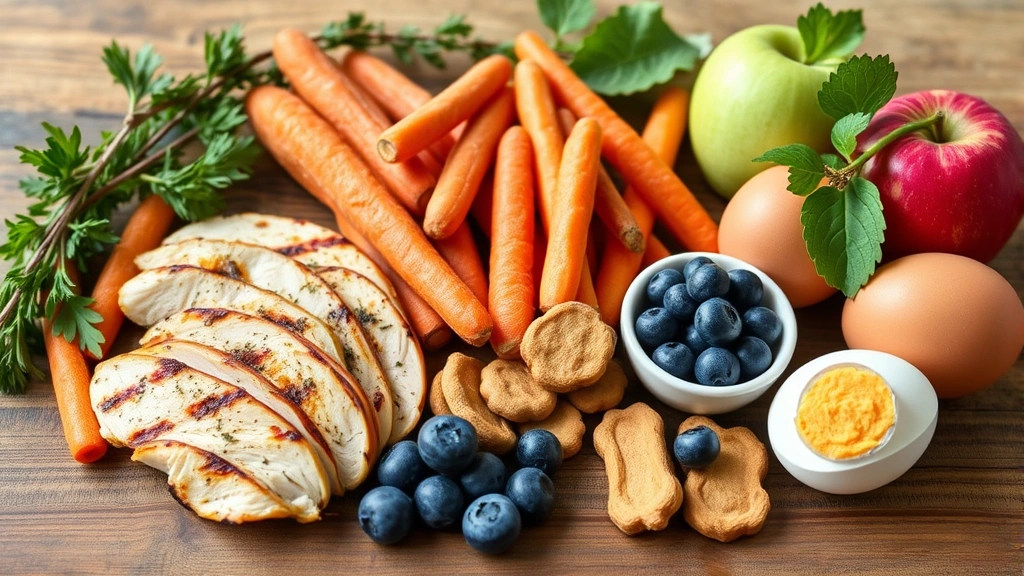 Variety of healthy dog treat options displayed on wooden surface: grilled chicken breast, carrots, apples, blueberries, and eggs, natural lighting