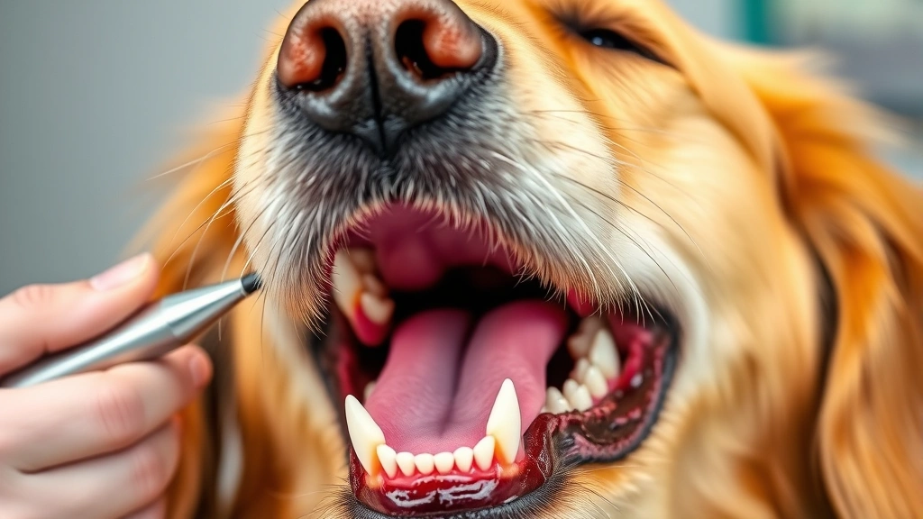 Close-up of a golden retriever's open mouth showing healthy pink gums and white teeth, professional dental examination setup