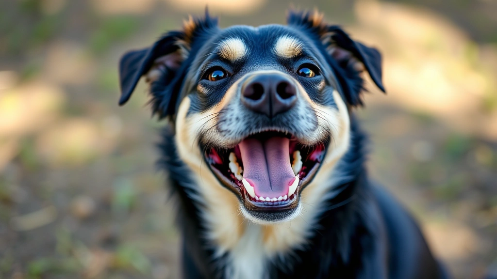 Happy medium-sized dog sitting outdoors with mouth open in playful expression, natural daylight, clear focus on facial features
