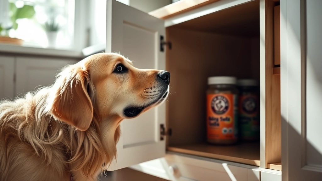 Golden retriever sniffing at an open kitchen cabinet with baking soda container visible, curious expression, bright natural lighting in modern kitchen