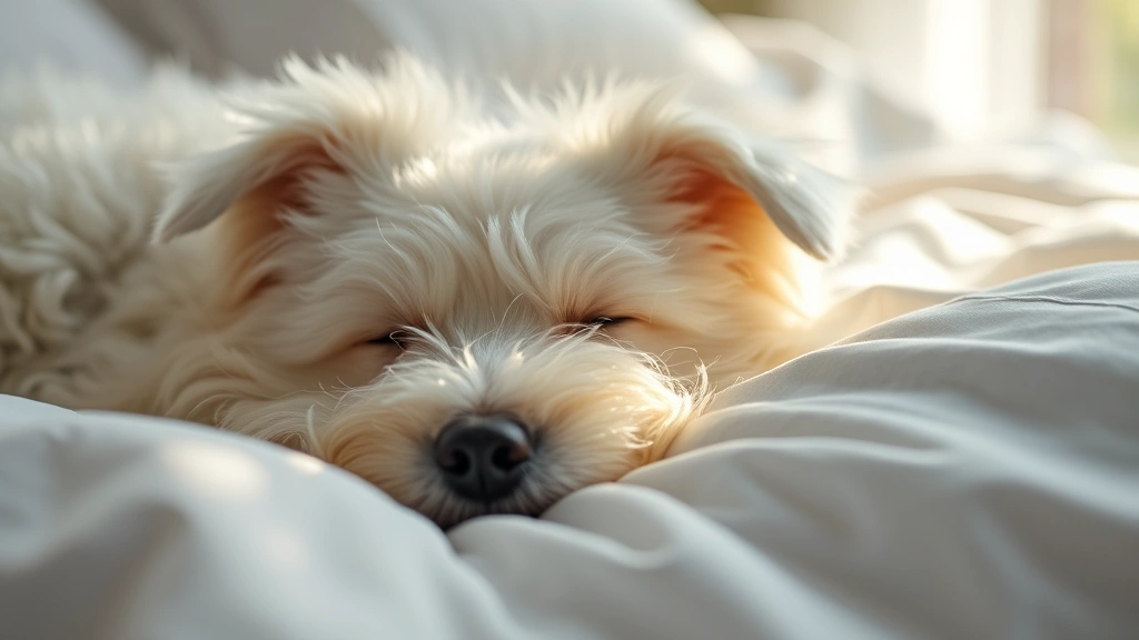 Close-up of a white fluffy dog lying on fresh, clean bedding with soft afternoon sunlight streaming across, peaceful sleeping position