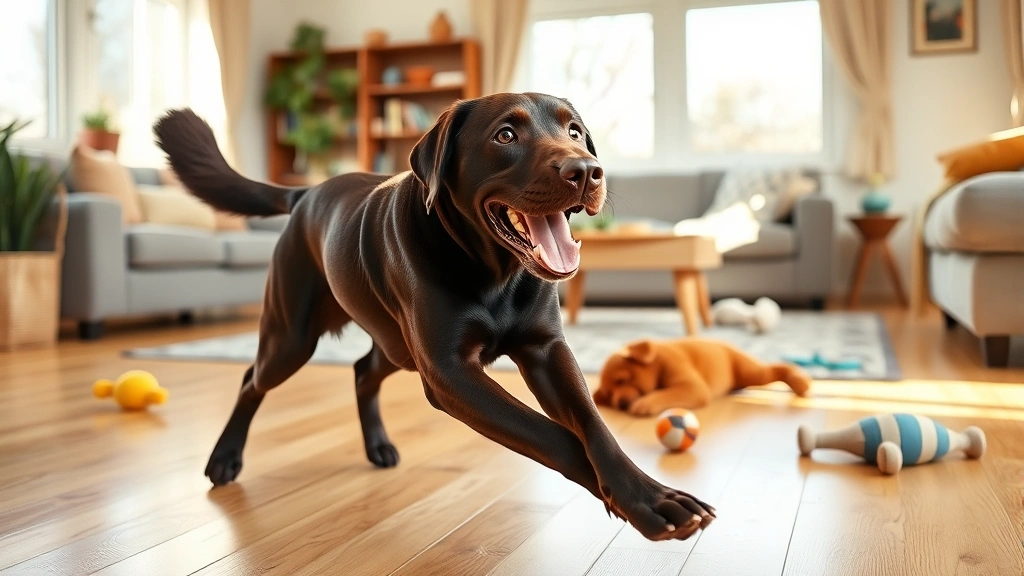 Happy chocolate Labrador playing in a sunny living room with natural wood floors and dog toys scattered around, tail wagging mid-motion