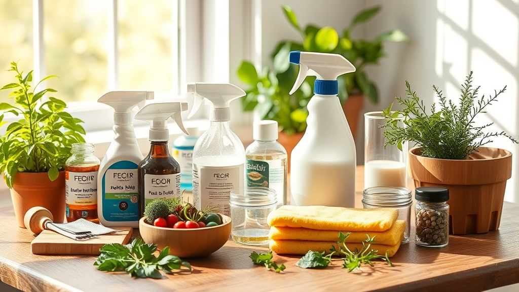 Dog-safe cleaning supplies and natural alternatives arranged on wooden table with fresh herbs, bright natural lighting, no text no words no letters