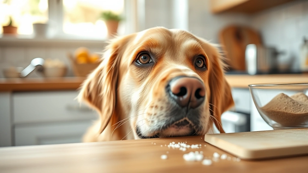 Close-up of a golden retriever's face looking curious at a kitchen counter with baking ingredients, warm natural lighting