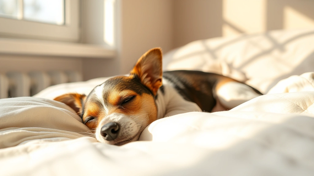 A small terrier dog resting peacefully on soft bedding with natural sunlight streaming through a window, calm and comfortable