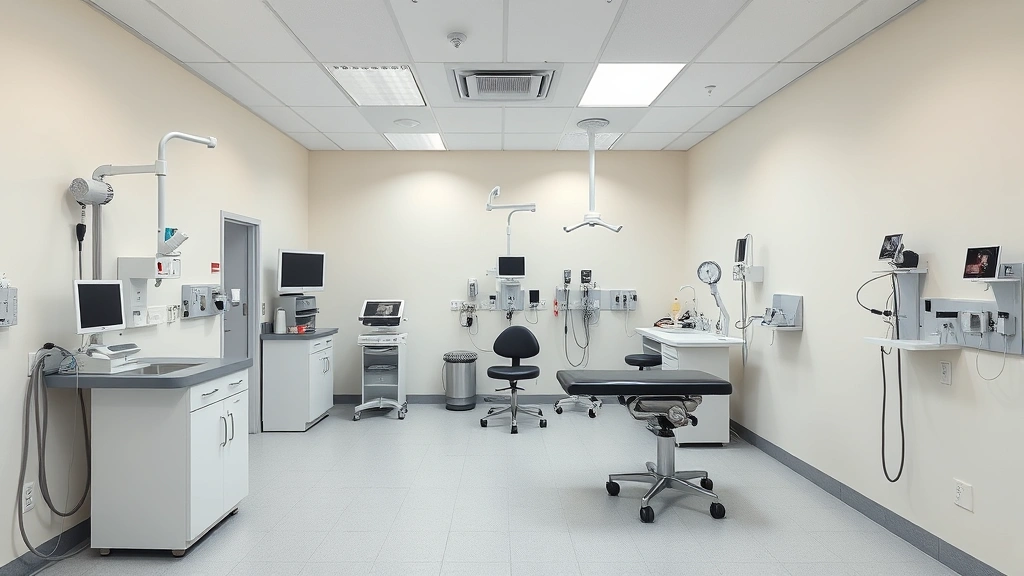 Wide shot of a veterinary clinic examination room with medical equipment, professional and clean environment, no people visible
