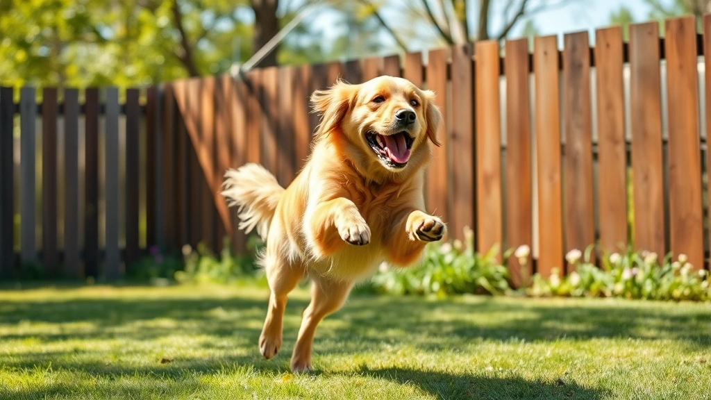 Golden retriever playing in a sunny backyard with a wooden fence, mid-jump with joyful expression, natural outdoor lighting