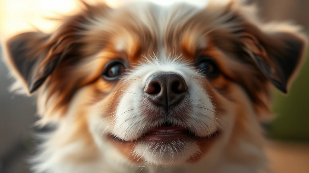 Close-up of a fluffy dog's face showing gentle, happy expression with soft fur texture and warm lighting