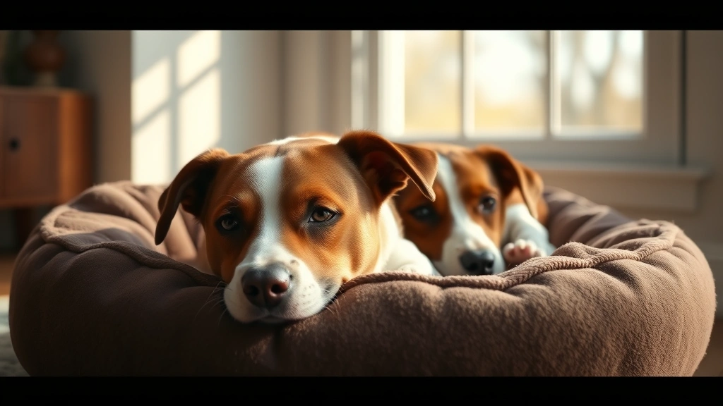 Brown and white dog lying on a cozy dog bed near a sunny window, peaceful and relaxed expression