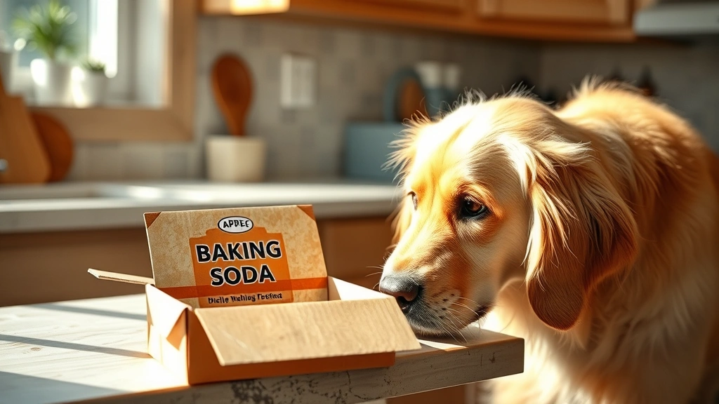 Golden retriever sniffing an open cardboard box of baking soda on a kitchen counter, curious expression, natural lighting