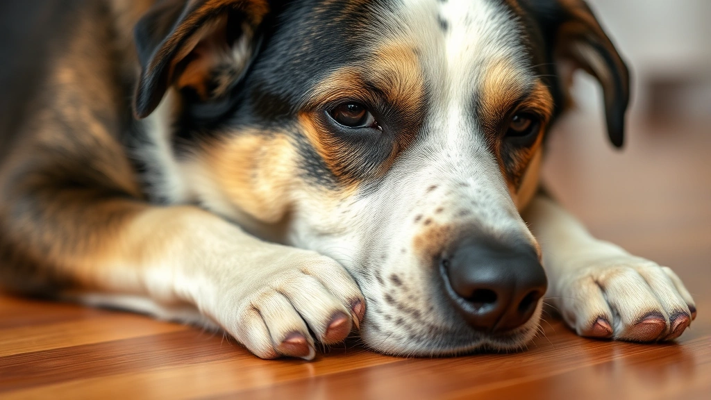 Close-up of a dog's face showing discomfort with paw on stomach, lying on hardwood floor, concerned posture