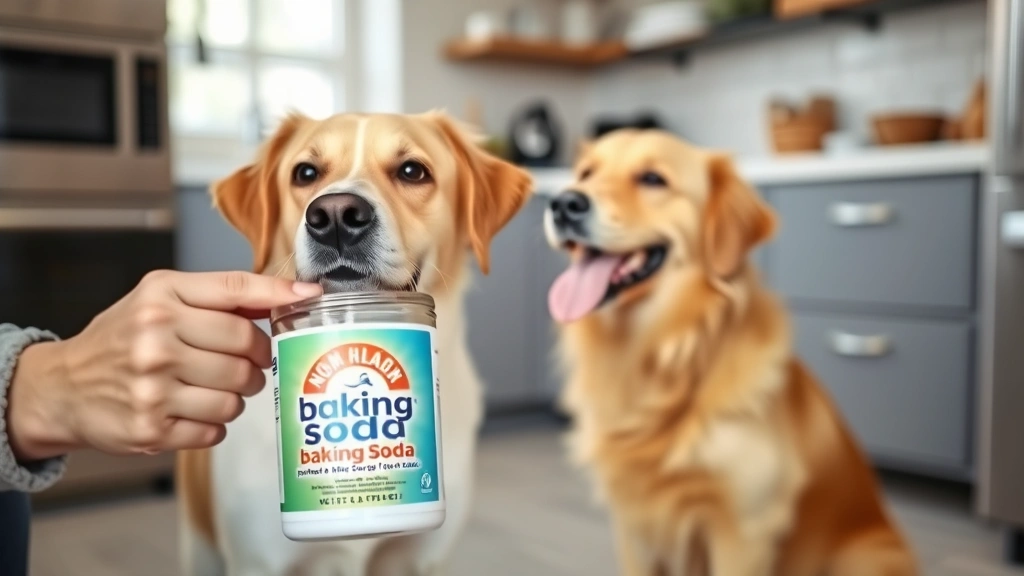 Dog owner holding a container of baking soda while their happy golden retriever sits safely in background, kitchen setting