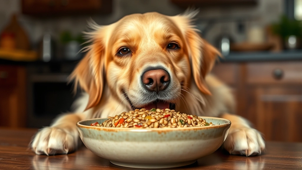 Golden retriever happily eating from a ceramic bowl containing cooked barley and vegetables, well-lit kitchen background, dog's expression showing contentment