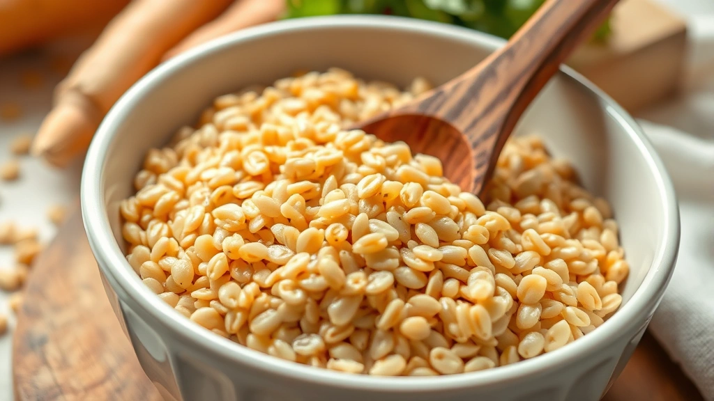 Close-up of cooked barley grains in a white ceramic bowl with a wooden spoon, natural lighting, soft focus background with fresh vegetables nearby