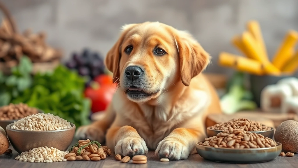 Fluffy Labrador sitting attentively with a healthy expression, surrounded by various wholesome dog food ingredients including grains and vegetables in soft focus