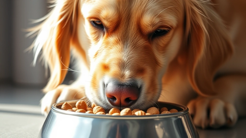 Golden retriever eating kibble from a stainless steel bowl, close-up of face and bowl, bright natural lighting, dog focused and content
