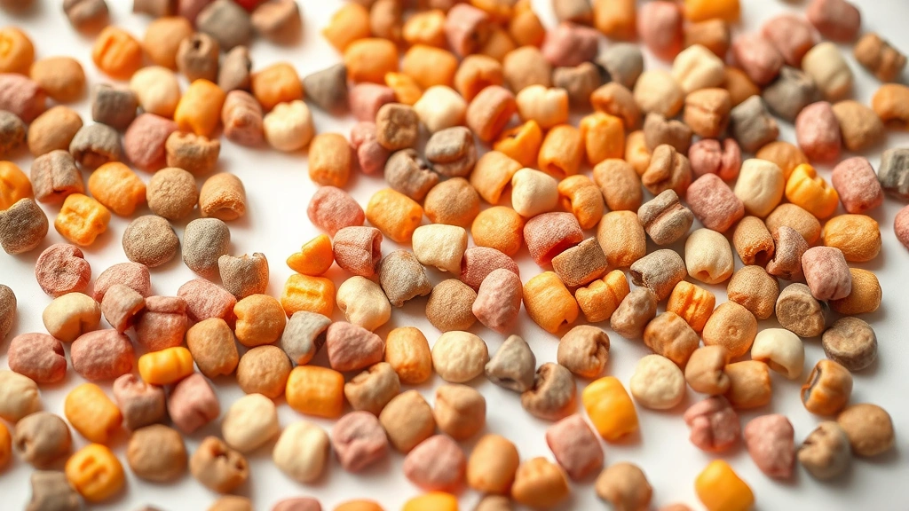 Various colorful dog food kibbles scattered on white surface, mixed dry food pieces, close-up macro photography, photorealistic detail