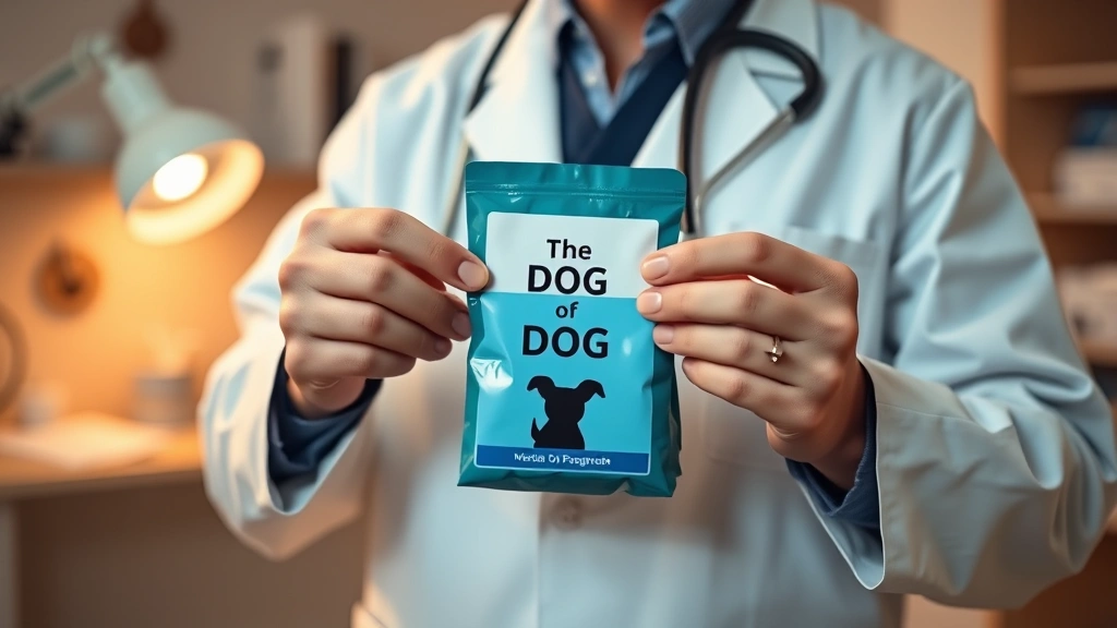 Veterinarian in white coat holding dog food bag, examining label with magnifying glass, professional clinic setting, warm lighting