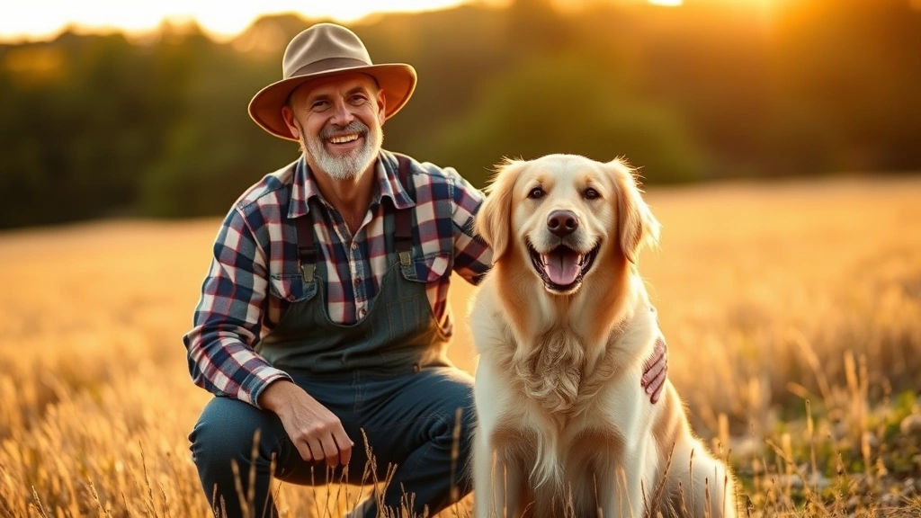 Golden retriever sitting beside a smiling farmer in a rural field at golden hour, both looking content and bonded together peacefully