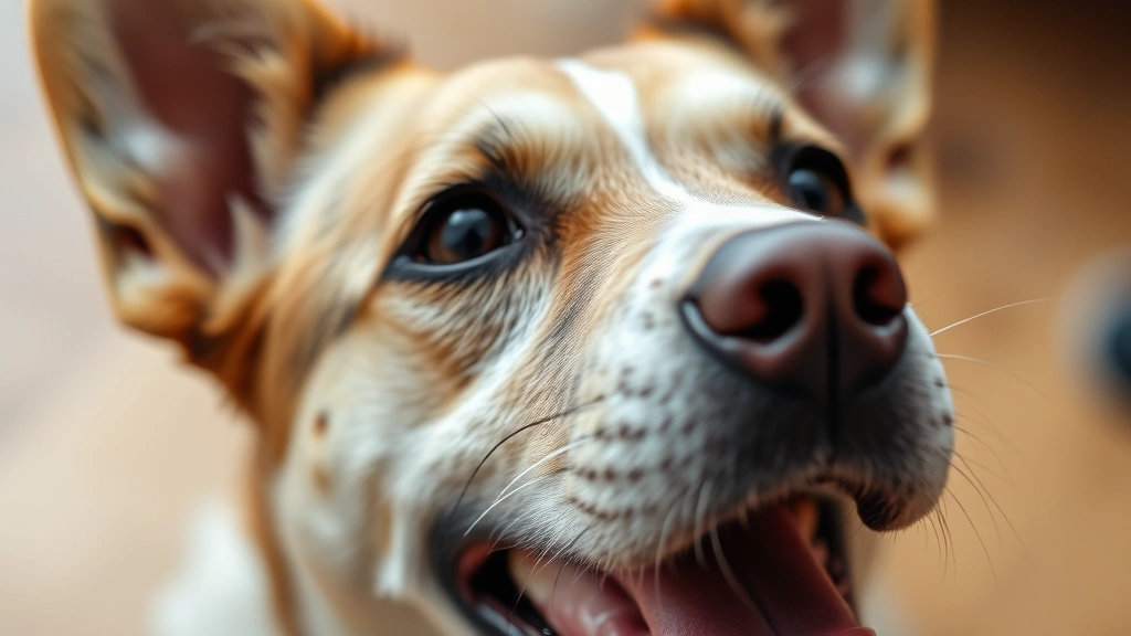 Close-up of a dog's face with attentive expression, ears perked up, showing recognition and joy at hearing a familiar voice