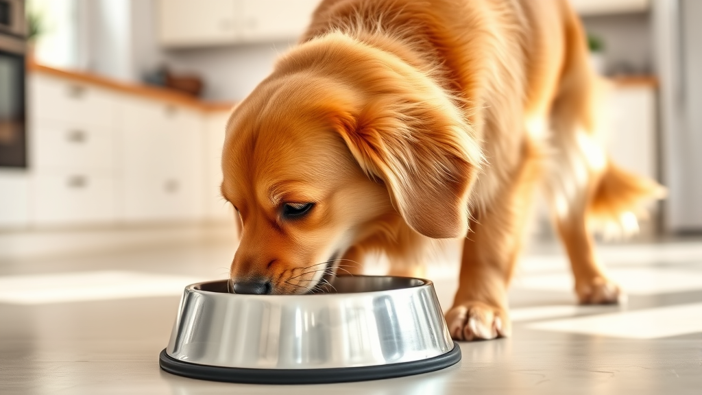 Golden retriever eating from food bowl in bright kitchen setting no text no words no letters
