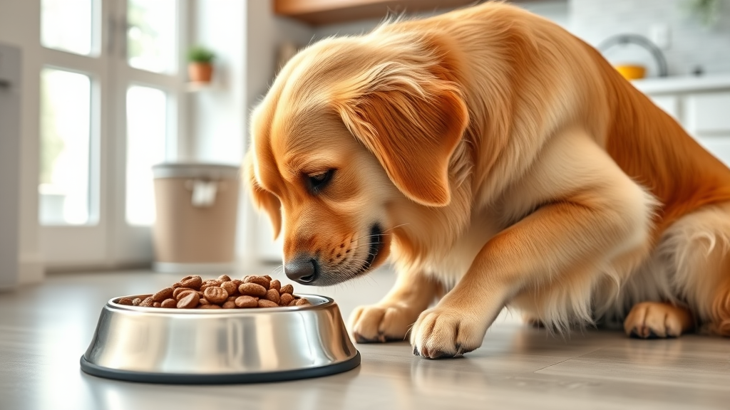 Golden retriever eating from premium dog food bowl in bright kitchen setting no text no words no letters