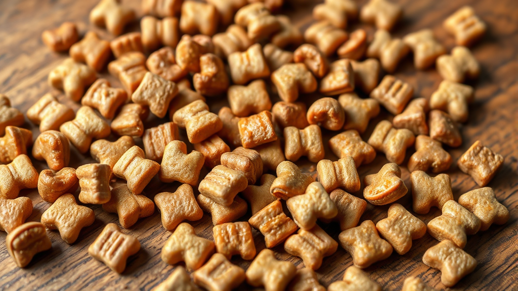 Various dog food kibble pieces scattered on wooden surface close up no text no words no letters