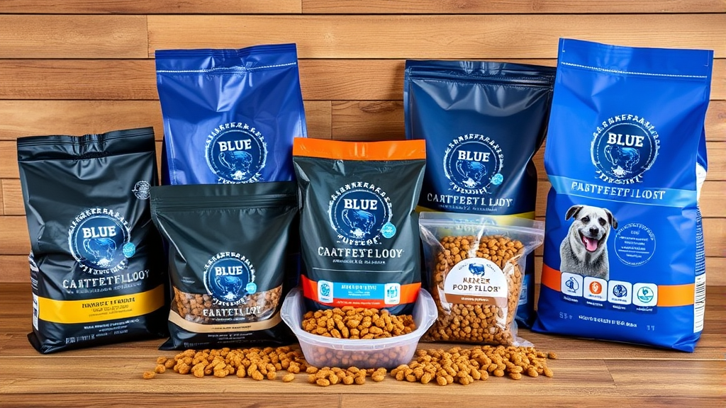 Various Blue Buffalo dog food bags and kibble displayed on wooden surface no text no words no letters