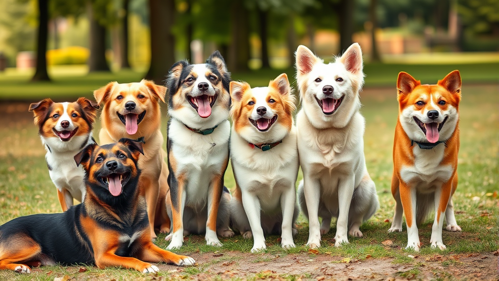 Happy healthy dogs of different breeds playing in park setting no text no words no letters