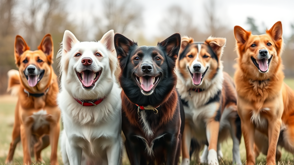 Healthy active dogs of different breeds playing outdoors in natural setting no text no words no letters