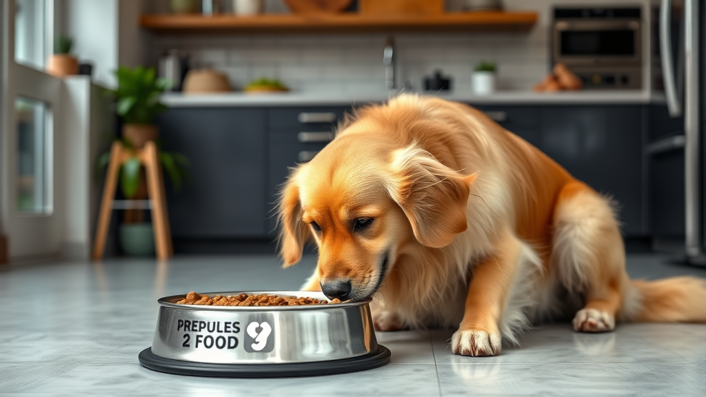 Happy golden retriever eating from premium dog food bowl in modern kitchen no text no words no letters