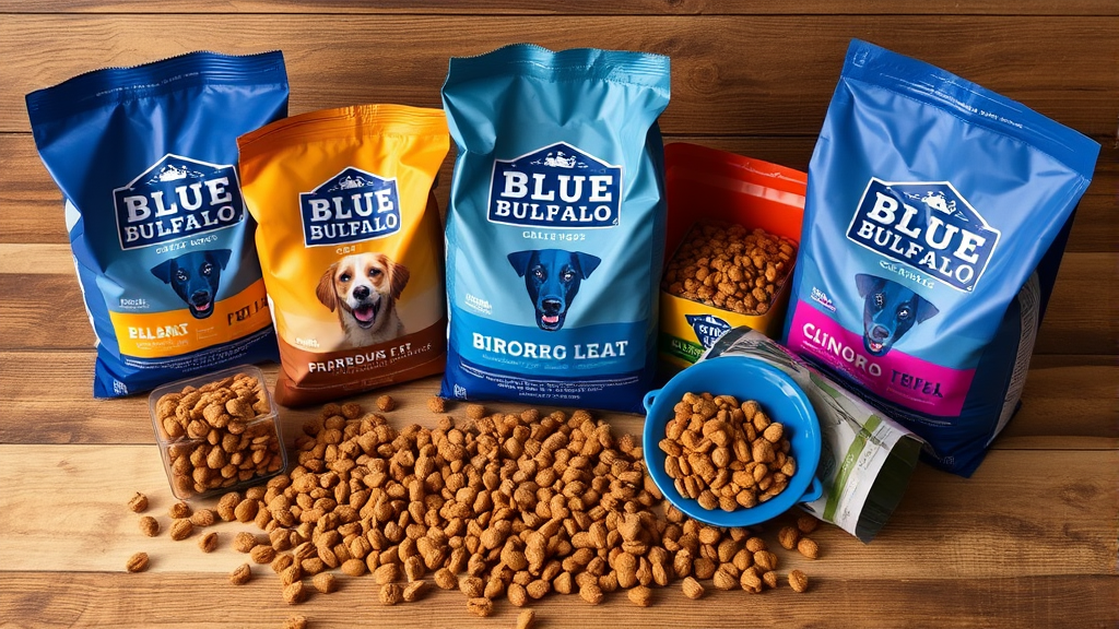 Variety of Blue Buffalo dog food bags and kibble scattered on wooden surface no text no words no letters