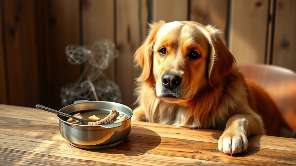 Golden retriever dog sitting next to steaming bowl of bone broth on wooden table natural lighting no text no words no letters