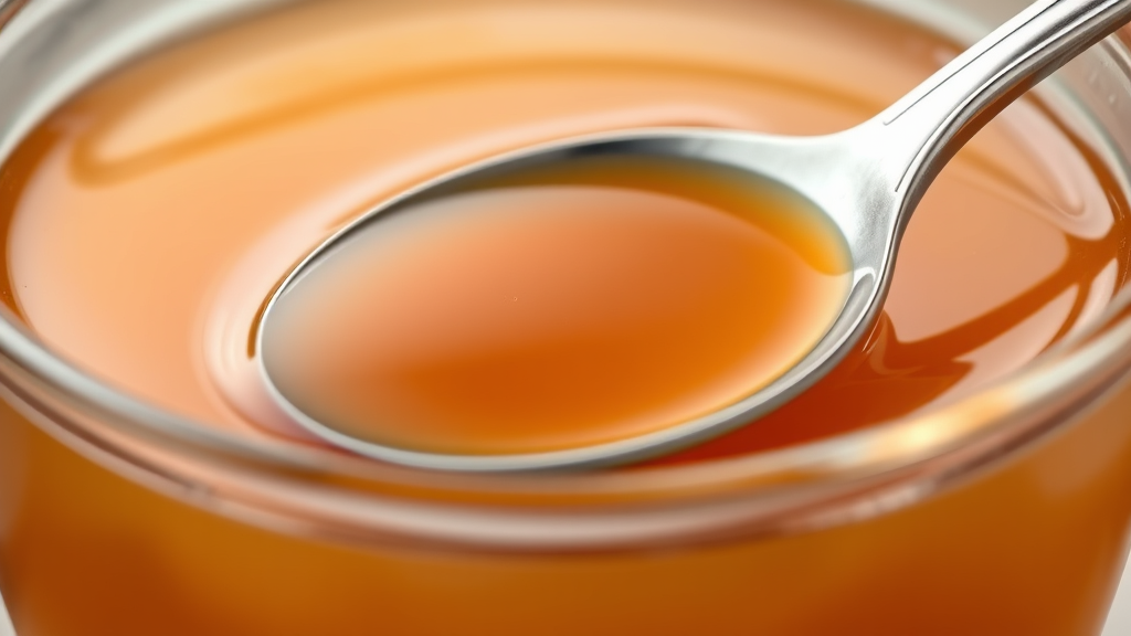 Close up view of clear gelatinous bone broth in glass bowl with spoon showing rich amber color no text no words no letters