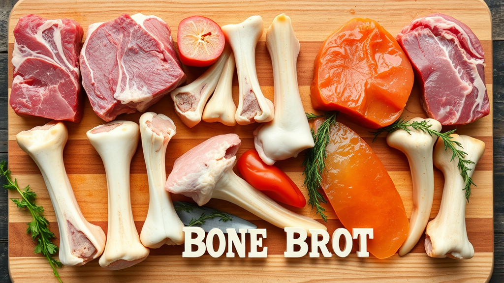 Various raw bones beef chicken fish arranged on cutting board for making healthy dog bone broth no text no words no letters