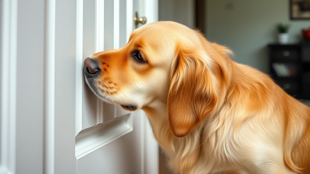 Golden retriever sniffing cautiously near a cabinet door, concerned expression, home interior background, natural lighting