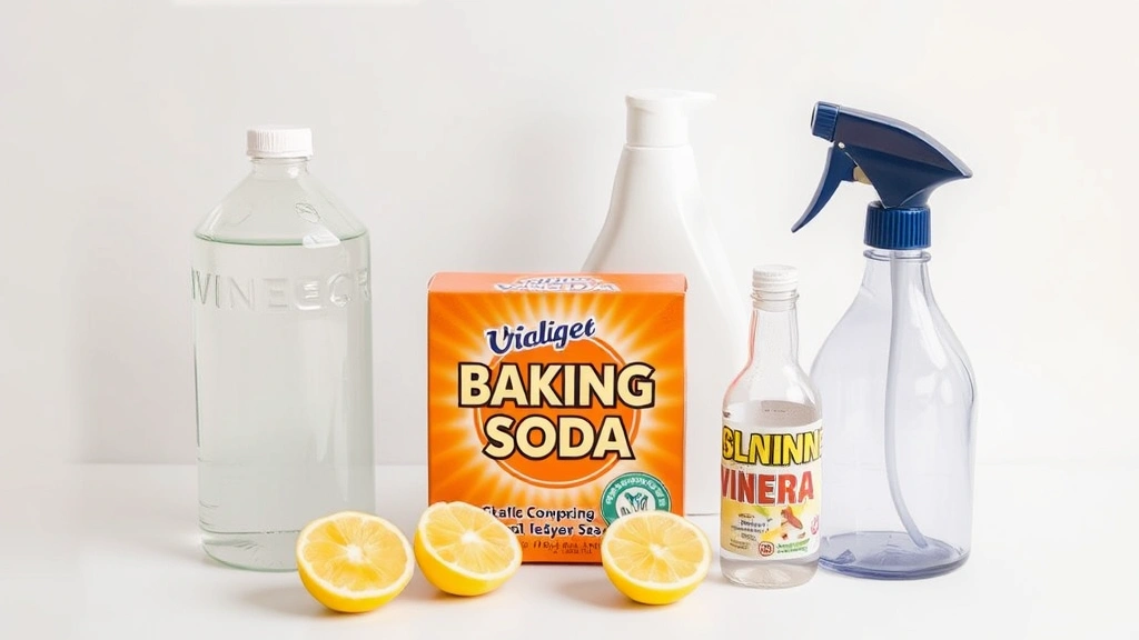 Assortment of natural cleaning supplies including vinegar bottle, baking soda box, lemon halves, and spray bottles arranged on white surface