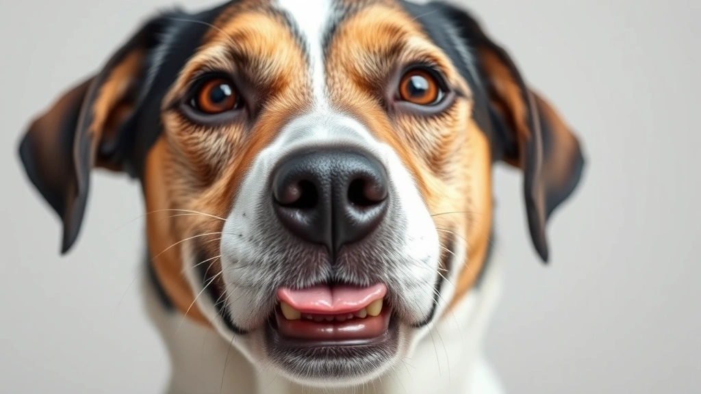 Close-up of a dog with alert eyes and slightly open mouth showing discomfort, neutral background, professional veterinary photography style