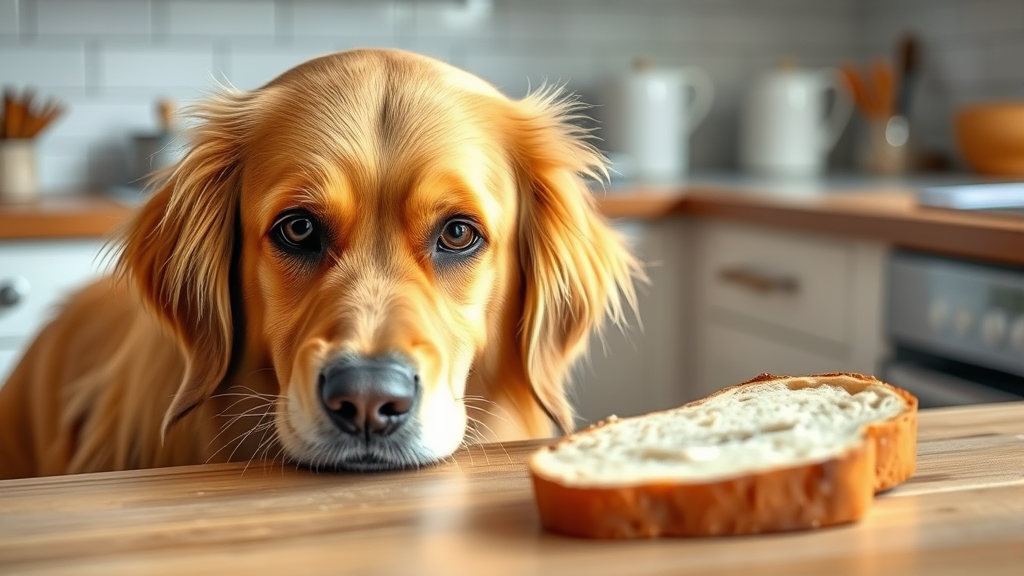 Golden retriever looking at slice of bread on kitchen counter with concerned expression, no text no words no letters