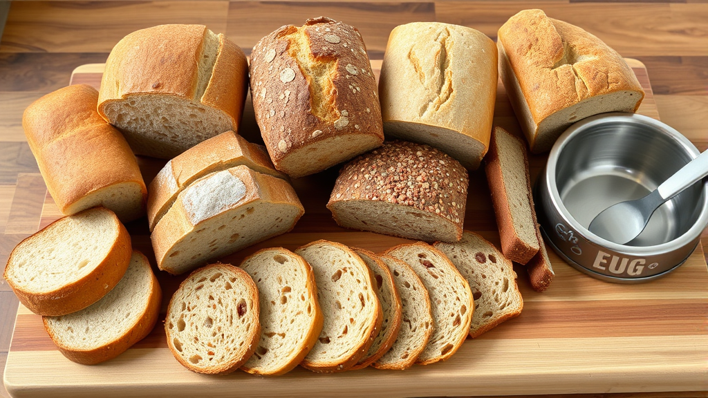 Various types of bread loaves and slices arranged on wooden cutting board with dog bowl nearby, no text no words no letters