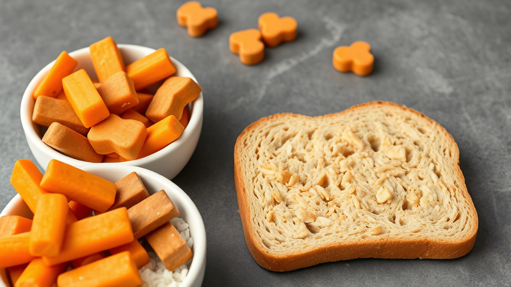 Healthy dog treats including carrots sweet potato and rice in bowls compared to bread slice, no text no words no letters