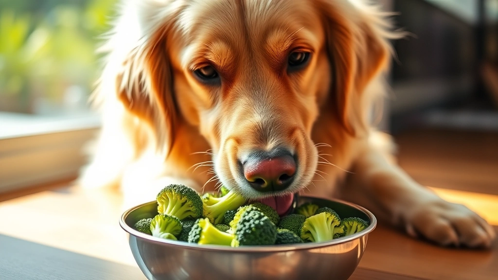 Golden Retriever happily eating from a stainless steel bowl containing steamed broccoli florets, warm natural lighting, dog's face showing contentment