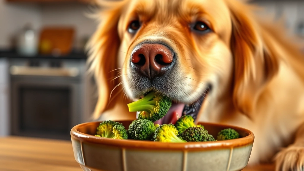 Golden Retriever happily eating steamed broccoli florets from a ceramic bowl, warm kitchen lighting, close-up of dog's face showing enthusiasm