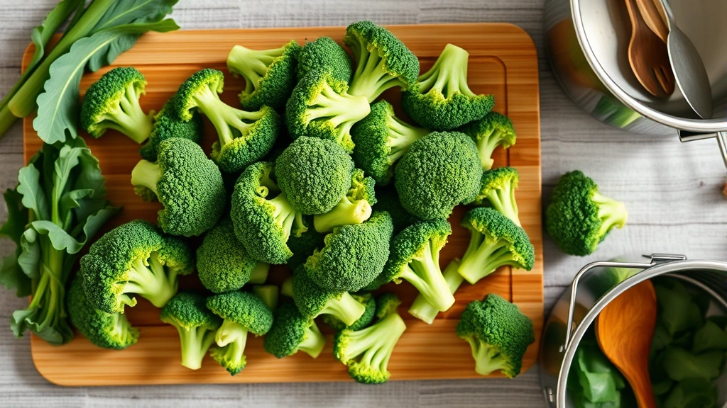 Overhead flat lay of fresh broccoli florets on a wooden cutting board with a steaming pot and kitchen utensils nearby, bright natural daylight