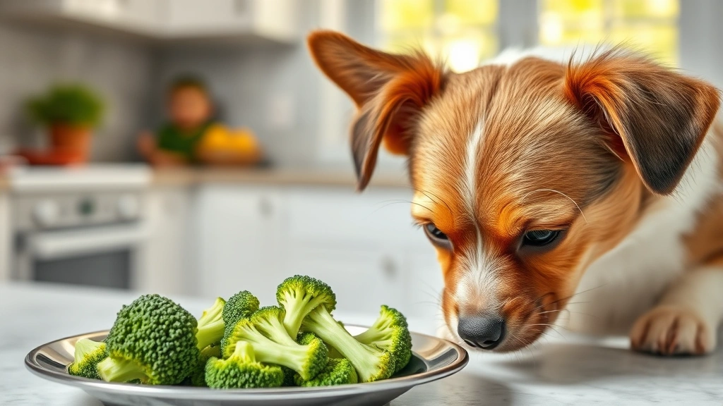 Small dog sniffing raw broccoli florets on a stainless steel plate, curious expression, bright kitchen background with windows