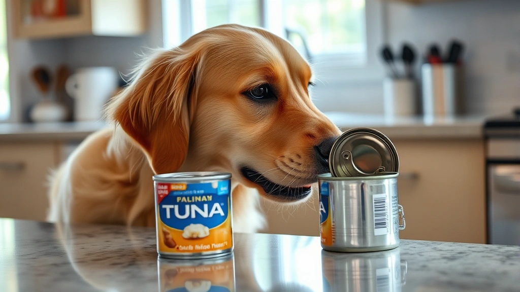 Golden retriever sniffing at an open can of tuna on a kitchen counter, curious expression, natural lighting from window