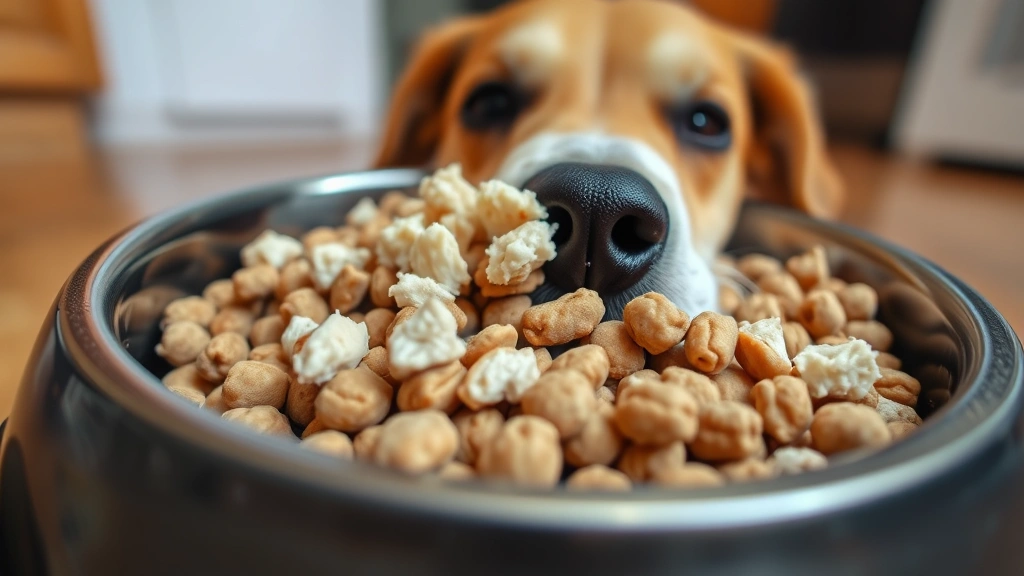 Close-up of dog's bowl containing small flakes of plain tuna mixed with regular kibble, shallow depth of field, warm kitchen setting