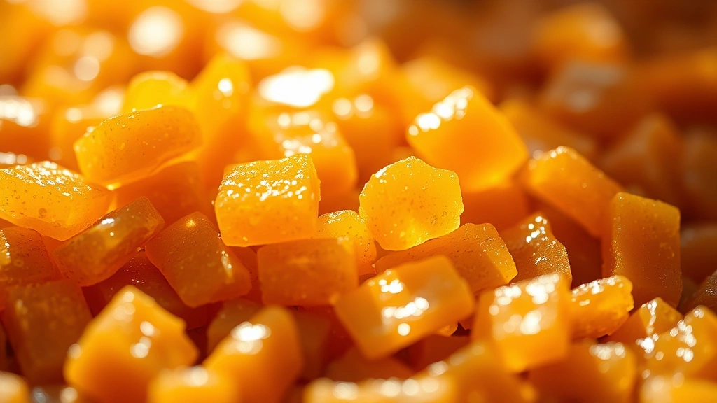 Golden caramel candy pieces glistening in natural sunlight, photographed up close with shallow depth of field, showing texture and shine