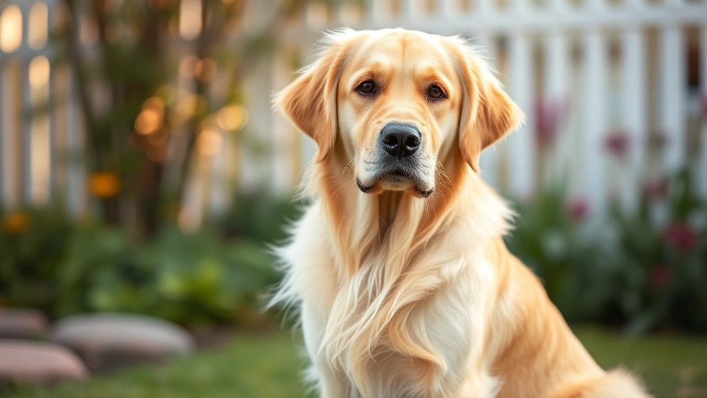 Golden retriever sitting attentively outdoors, alert expression, looking at camera with soft natural lighting in a garden setting